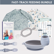 Grey dinosaur and construction bibs, Baby-Led Weaning book, silicone bowl, cup, and cutlery set.
