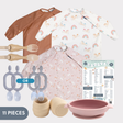 Mama Bear weaning bundle: brown and rainbow unicorn bibs, beige cutlery, gray Dippit/Sporkit, pink silicone bowl and cups, weaning chart.