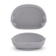A blue-grey silicone baby feeding bowl shown in two viewpoints, a birds-eye view showing the scalloped edges and a front-facing angle showing the tilted angle with a lower front.