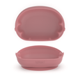 A pink silicone baby feeding bowl shown in two viewpoints, a birds-eye view showing the scalloped edges and a front-facing angle showing the tilted angle with a lower front.