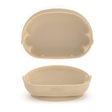 A beige silicone baby feeding bowl shown in two viewpoints, a birds-eye view showing the scalloped edges and a front-facing angle showing the tilted angle with a lower front.