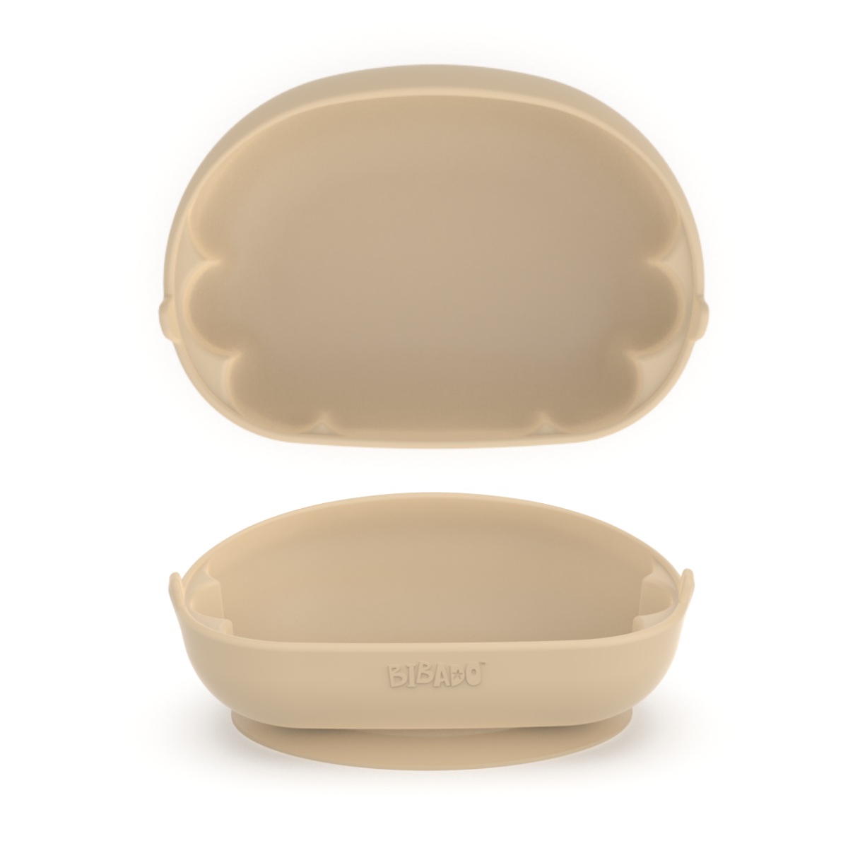 A beige silicone baby feeding bowl shown in two viewpoints, a birds-eye view showing the scalloped edges and a front-facing angle showing the tilted angle with a lower front. - Product image