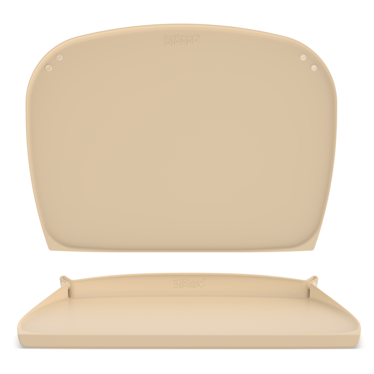 A beige silicone baby feeding mat shown in two views: a top-down view showing the mat rolled flat with side poppers and a front view at the bottom, showing the poppers closed and sides up, on a plain white background. - Product image