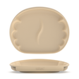 A beige silicone baby weaning plate shown in two views: a top-down view displaying the scalloped rim and middle divider, and a side profile view showing the base with the embossed brand name 'BIBADO'.