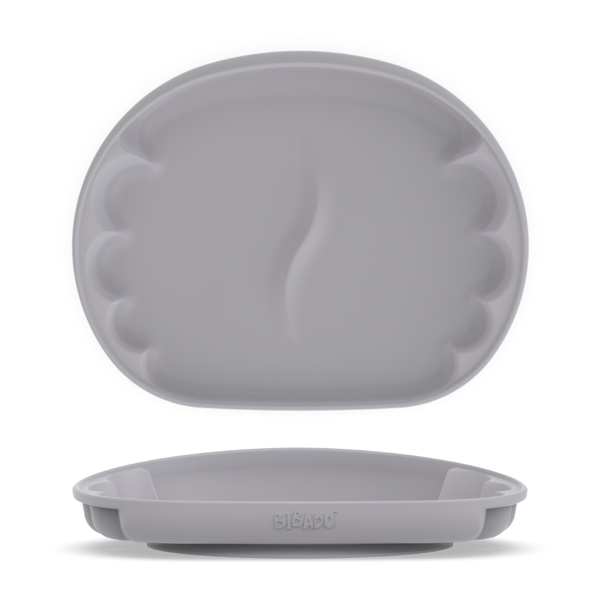 A blue-grey silicone baby weaning plate shown in two views: a top-down view displaying the scalloped rim and middle divider, and a side profile view showing the base with the embossed brand name 'BIBADO'. - Product image
