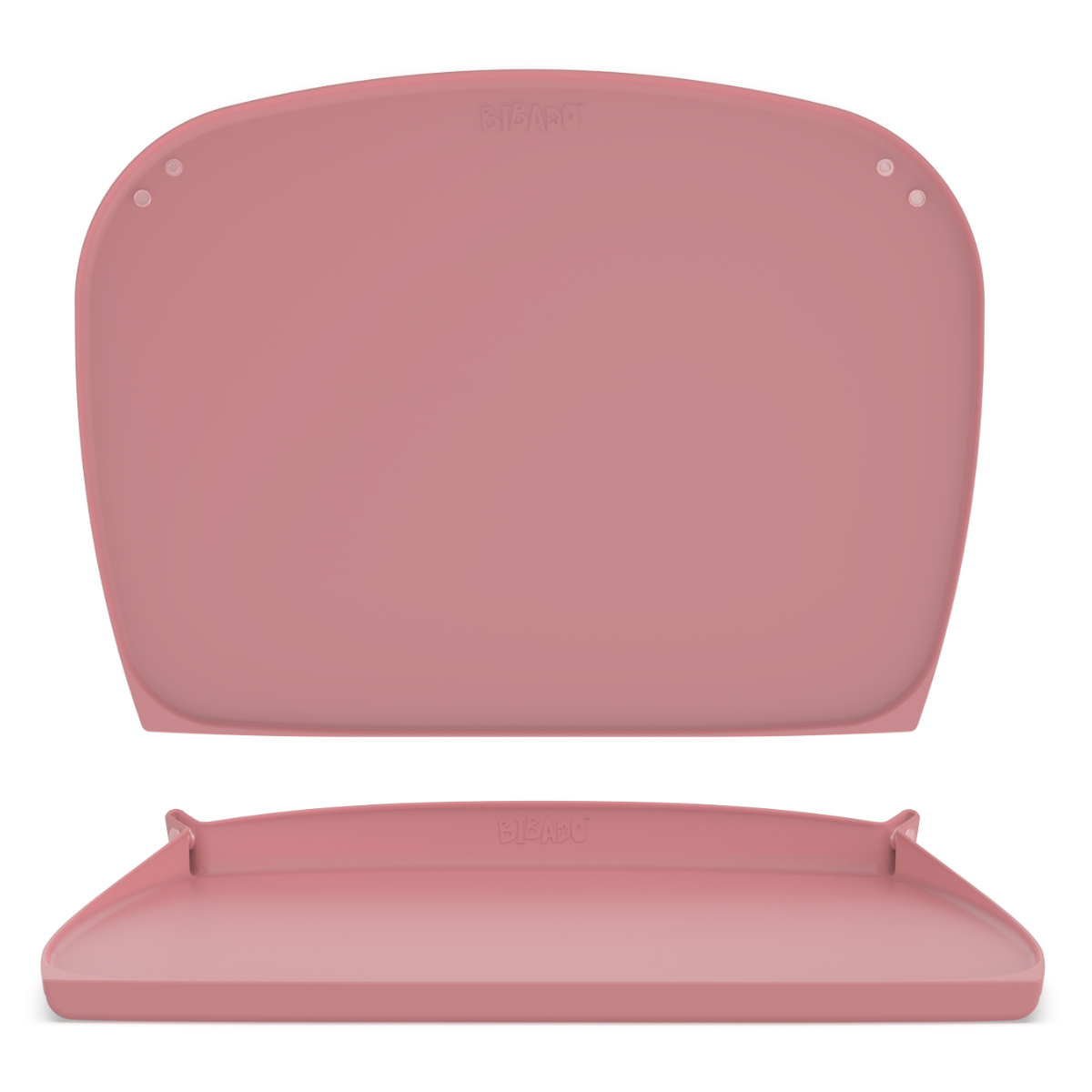 A pink silicone baby feeding mat shown in two views: a top-down view showing the mat rolled flat with side poppers and a front view at the bottom, showing the poppers closed and sides up, on a plain white background. - Product image