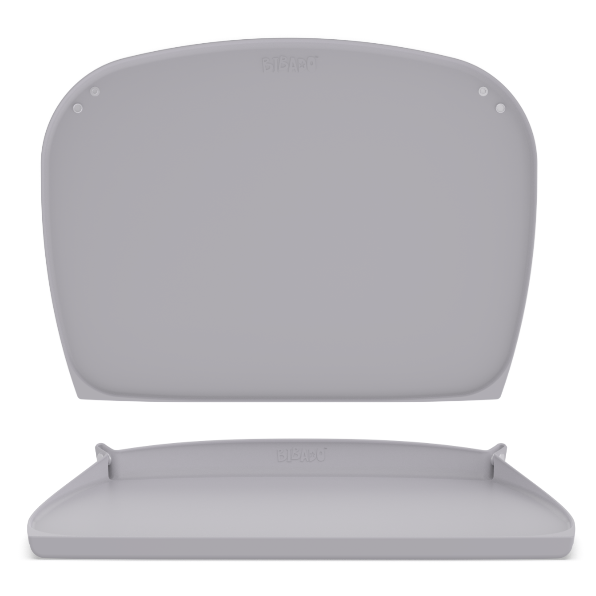 A light gray silicone baby feeding mat shown in two views: a top-down view showing the mat rolled flat with side poppers and a front view at the bottom, showing the poppers closed and sides up, on a plain white background. - Product image