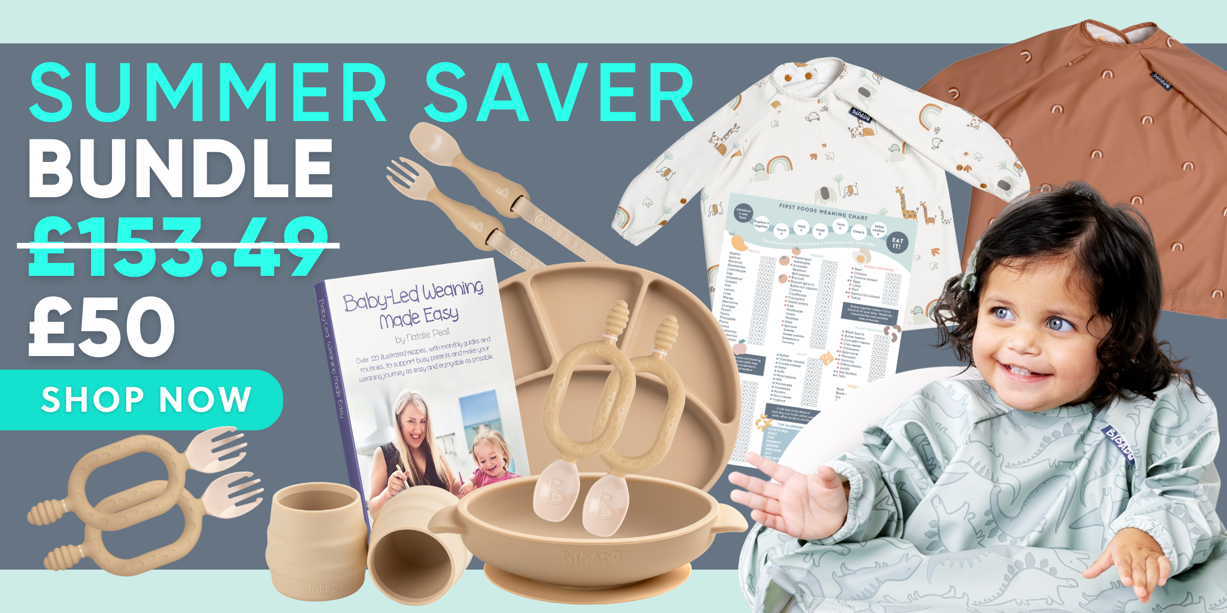 A baby summer sale bundle advertisement featuring a young child in a Dino bib, alongside a set of beige silicone baby weaning items including a divided plate, cup, cutlery, and Coveralls. The background is a split design of teal and grey, with promotional text reading 'SUMMER SALE BUNDLE' and a price of '£153.