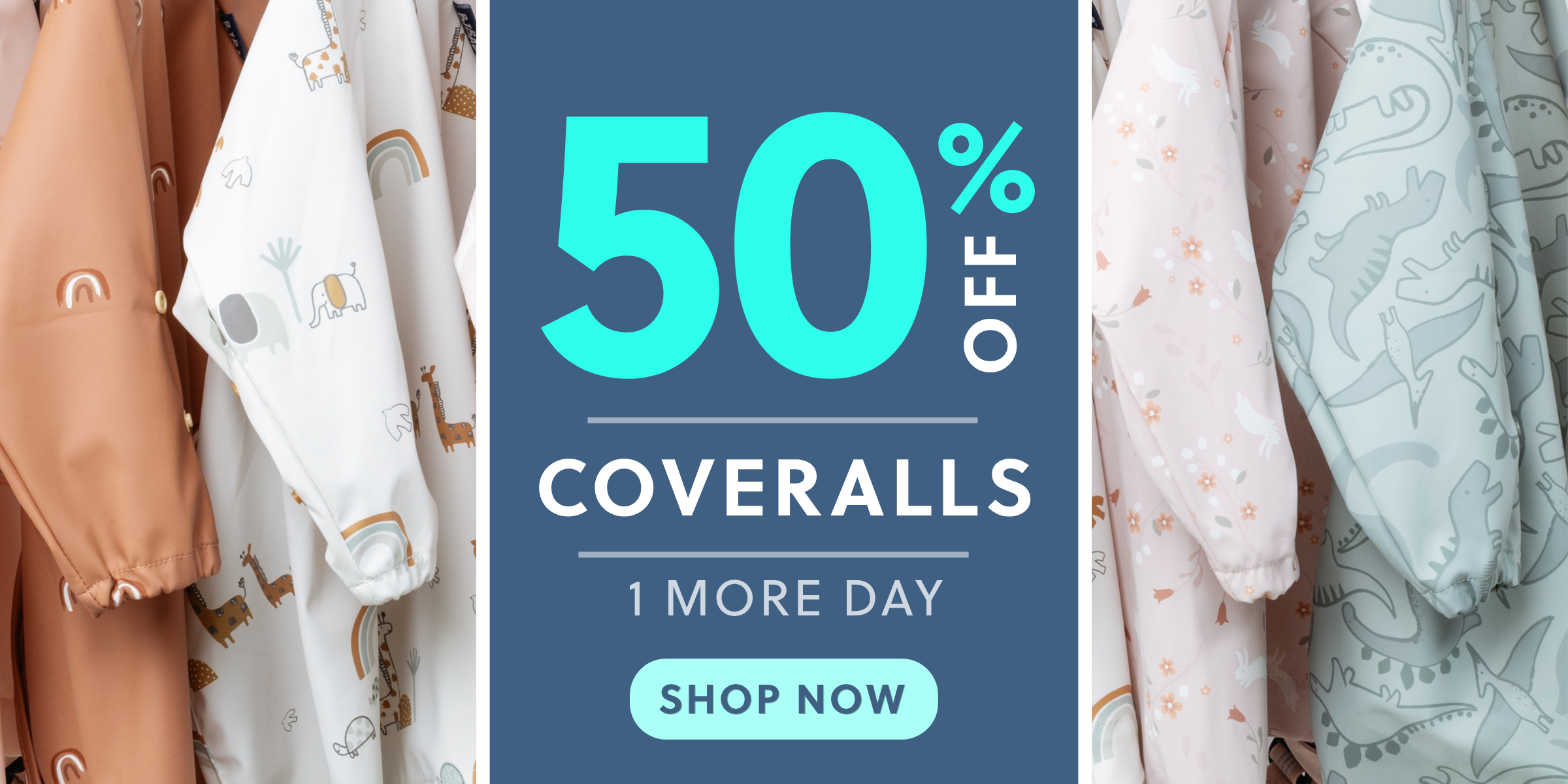 Promotional banner for 50% off coveralls with images of baby clothes on a blue background.