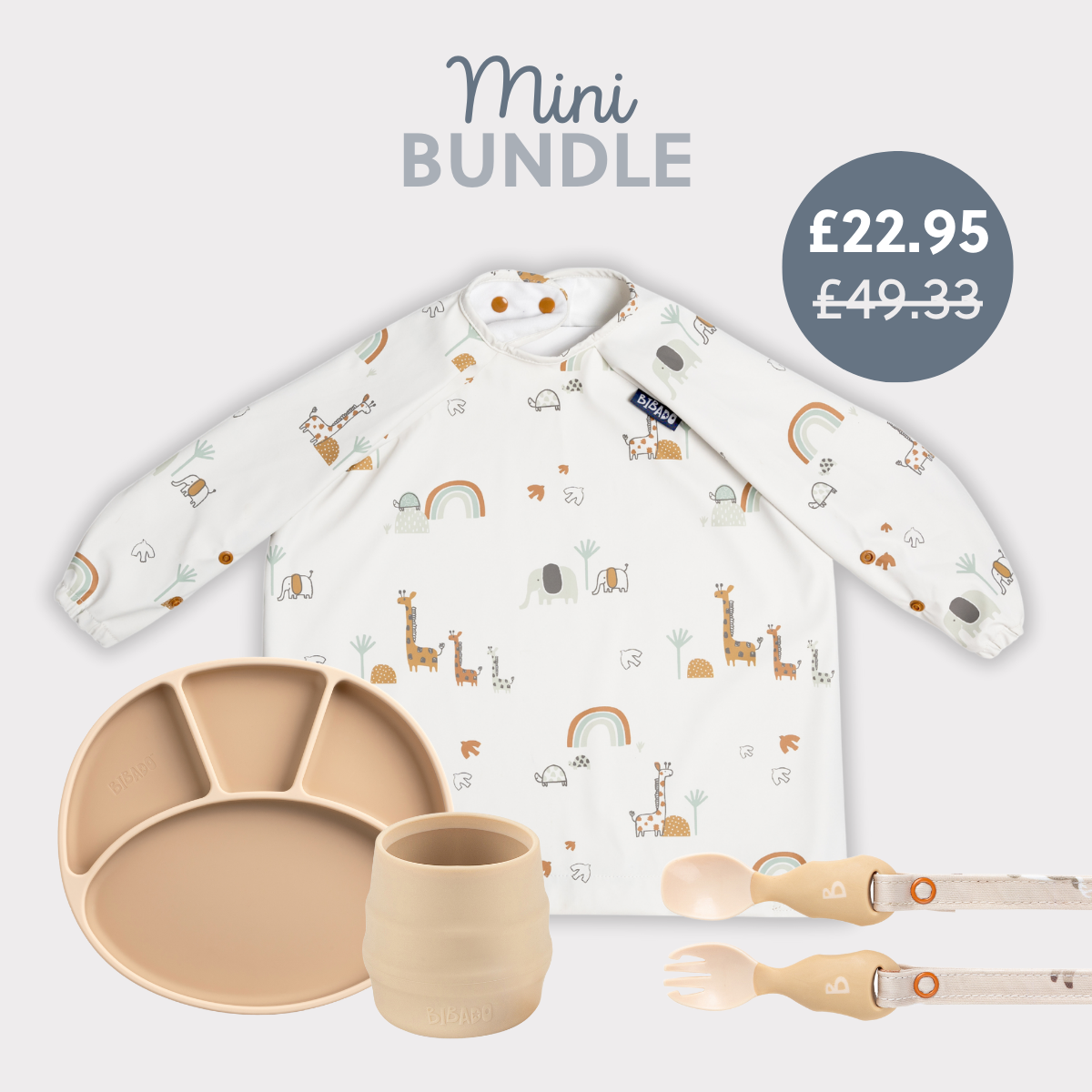 Safari-print long-sleeve bib, beige silicone divided plate, cup, and matching spoon and fork set. - Product image