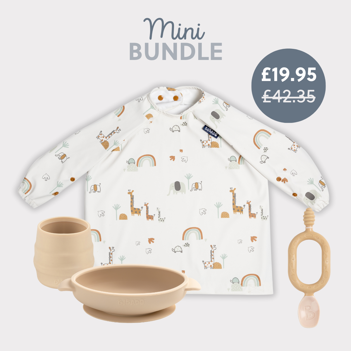 White long-sleeve baby bib with safari animals, beige silicone suction bowl, cup, and teether. - Product image