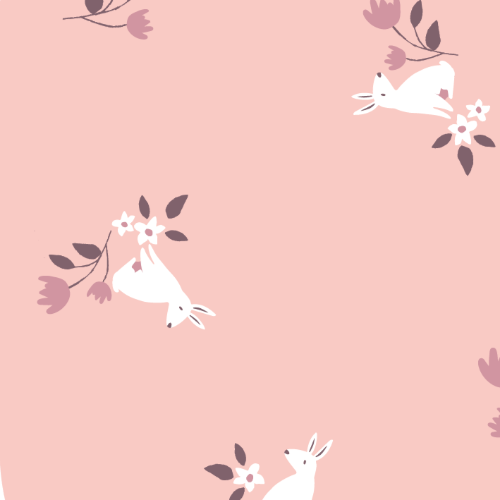 Pink background with white cartoon rabbits and purple and white flowers.