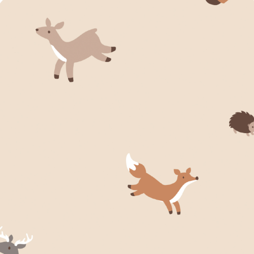 Beige fabric with a pattern of cartoon deer, foxes, and hedgehogs.