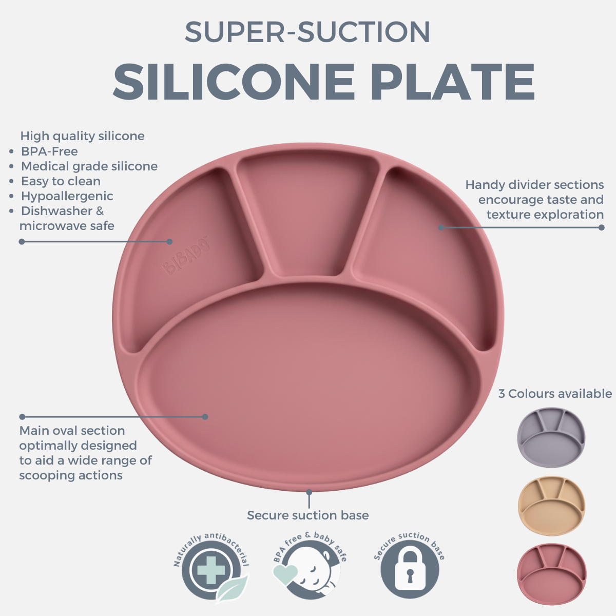 Silicone plate with features and benefits on a white background - Product image