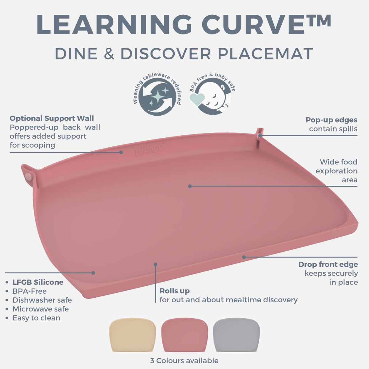 A pink Learning Curve Dine & Discover placemat shown on a light gray background with callout labels, feature bullet points, three color swatches, and small logos for 'Weaning tableware' and 'BPA Free & Baby Safe'. - Product image